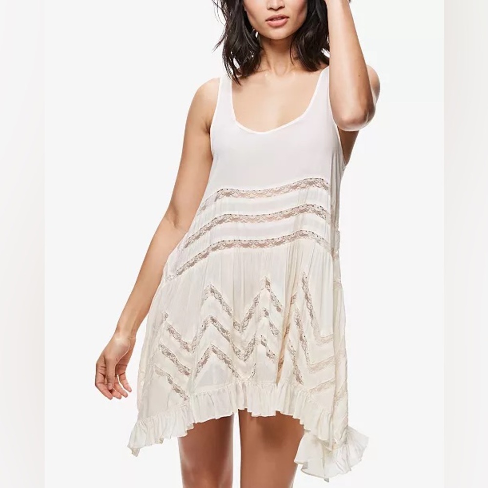 Free People Trapeze Mini Dress Cream Lace Tunic Peasant Boho Polka Dots Small